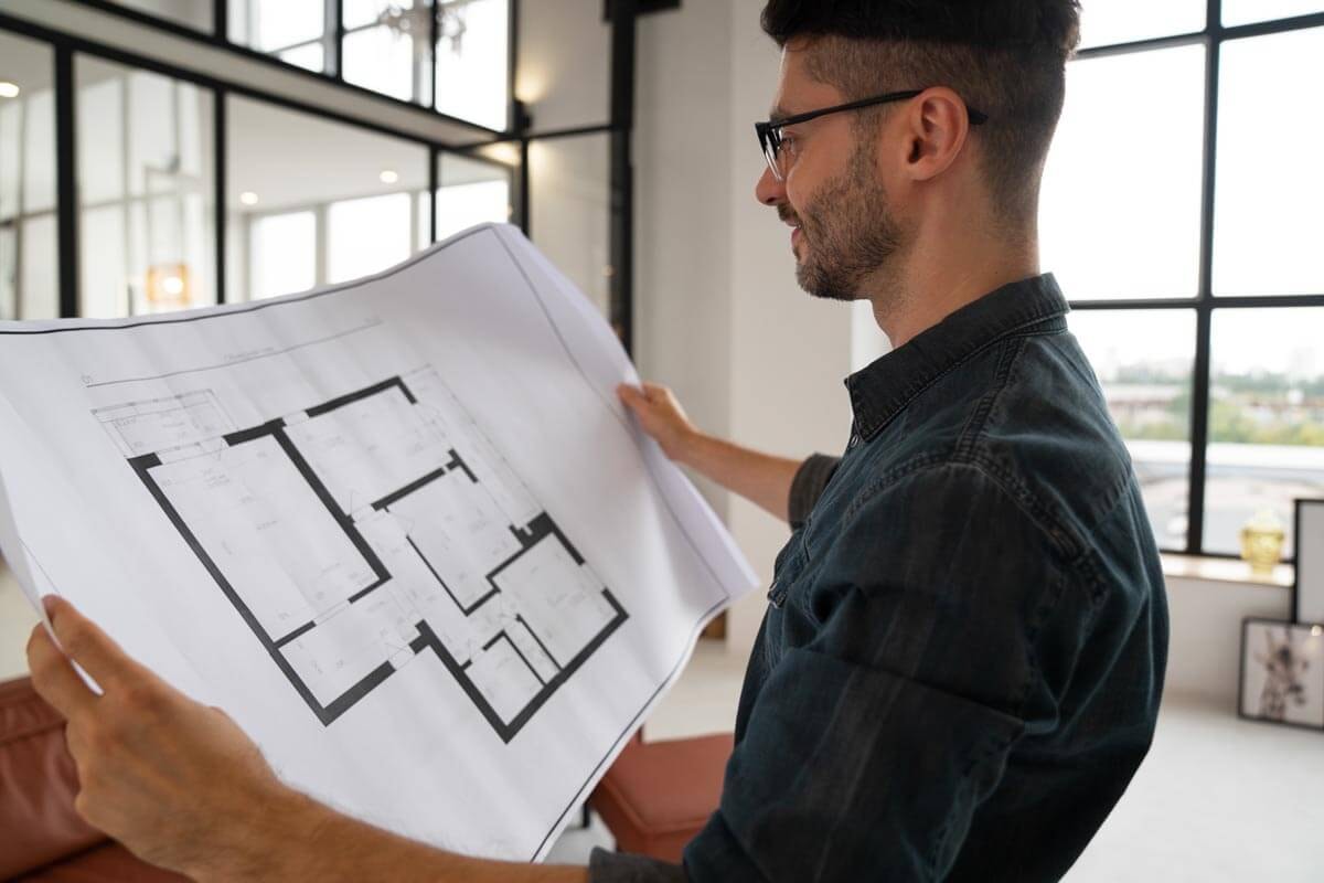 An architect looks contentedly at a floor plan they are holding up, with a studio setting visible in the background