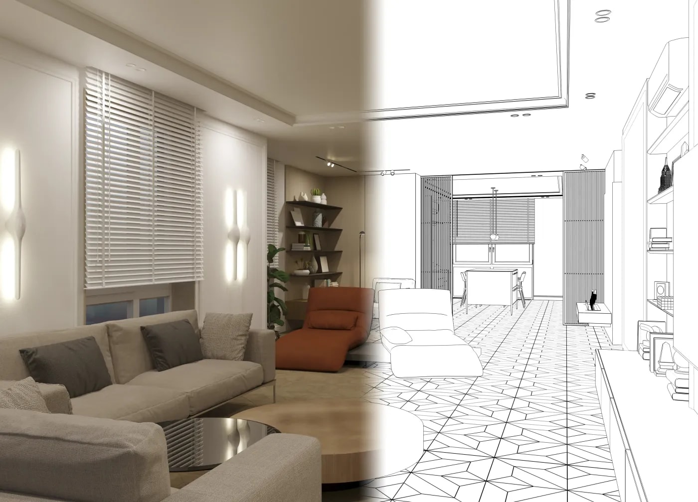Split image of a living room seen from the corner of the room, one half a photo of a brightly lit evening room, the other half a black-and-white sketch of the second half of the room