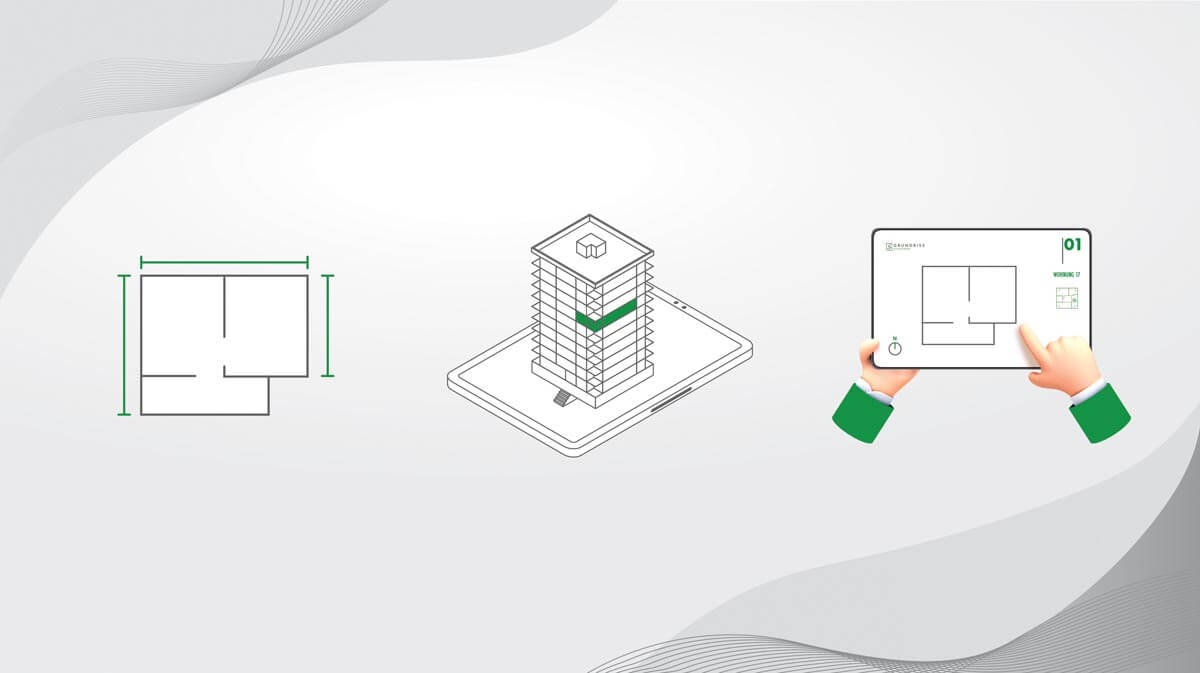 Three small schematic icons: a highly simplified floor plan, an apartment tower, and a tablet held by one hand while the other points to a detail of the factsheet shown on the tablet