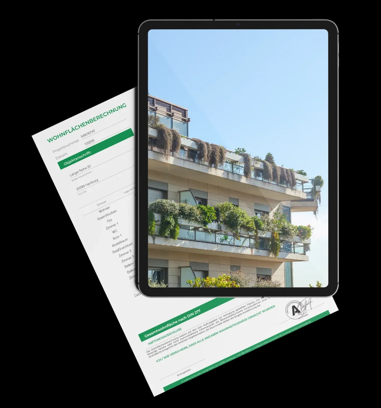 A tablet lies on a Grundriss Schmiede living space calculation, showing balconies on a multi-story corner townhouse