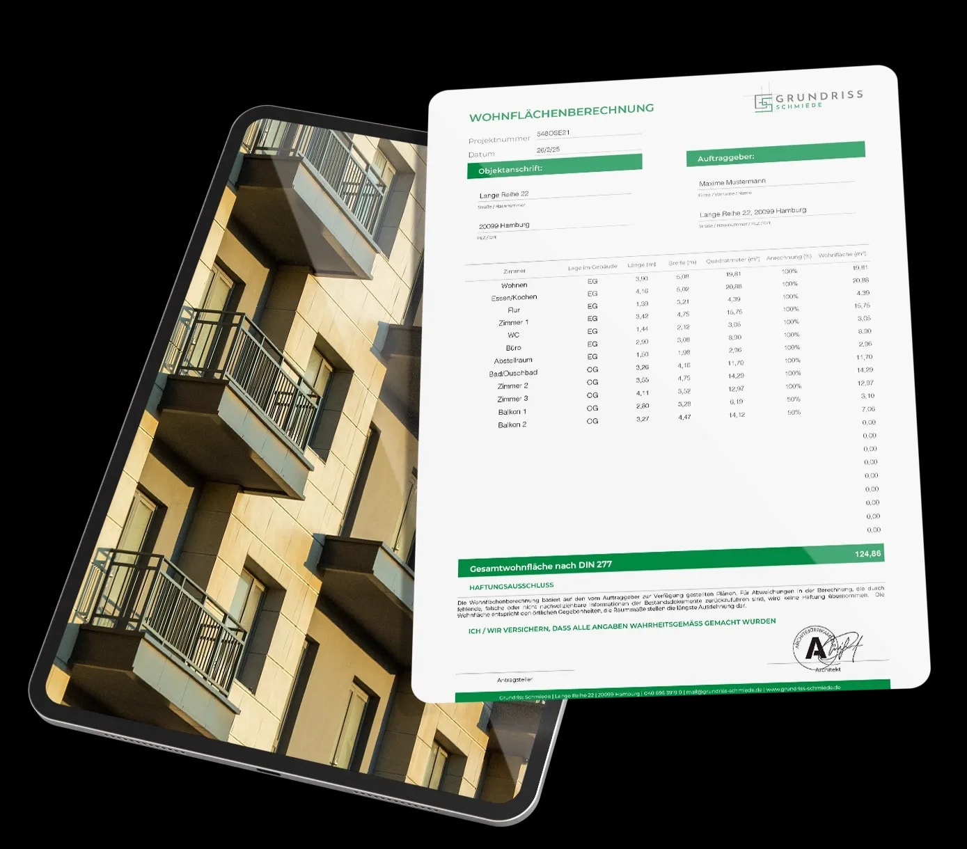 A tabular Grundriss Schmiede living space calculation lies on a tablet showing black balconies on a light-colored townhouse facade