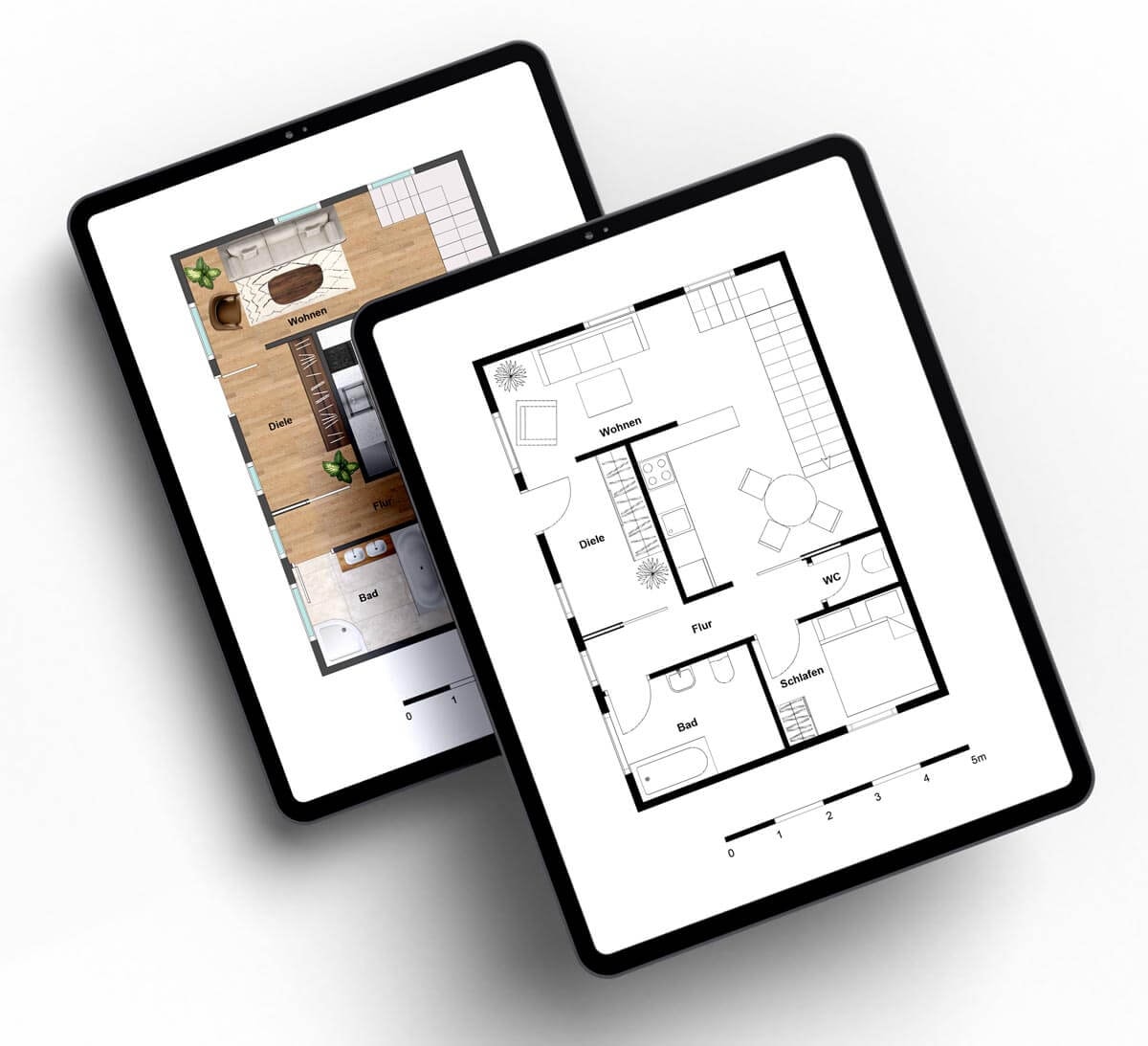 Two tablets stacked on top of each other showing different versions of the same ground floor plan of a single-family house with an open kitchen and stairs to the upper floor