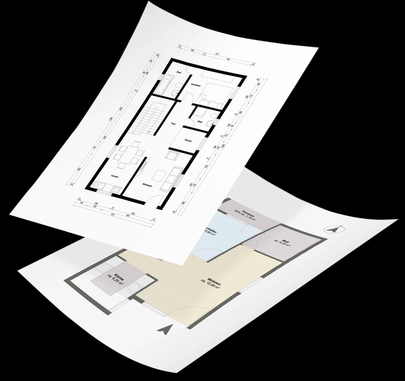 Two overlapping floor plans without background — a plain and a dimensioned floor plan of a 2-room apartment.