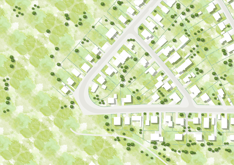 Section of an area plan showing a built-up stretch of a street with a V-curve and remaining open plots