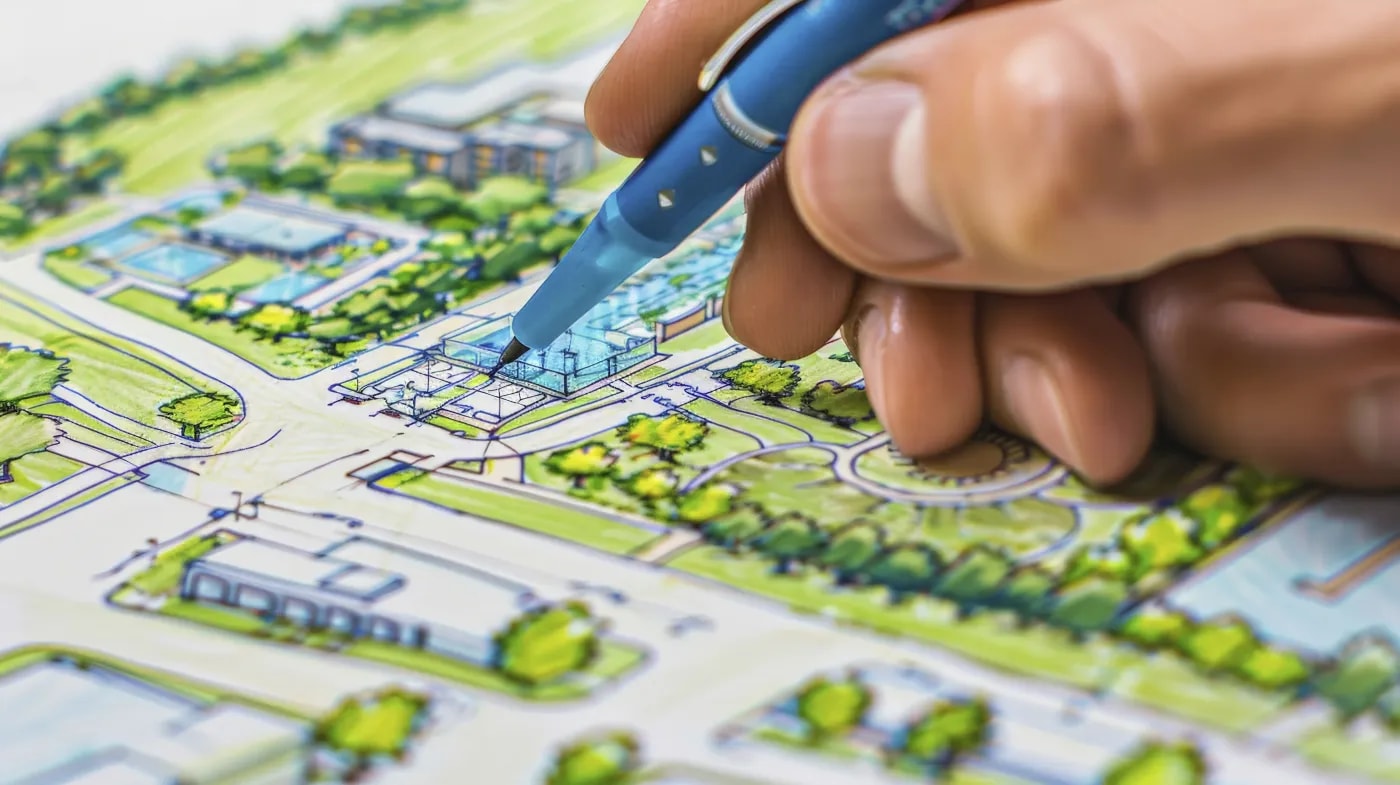 Close-up of a site plan on which someone is making notes with a ballpoint pen