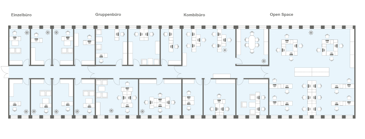 Floor plan of a very elongated open-plan office divided into many smaller, open individual cells.