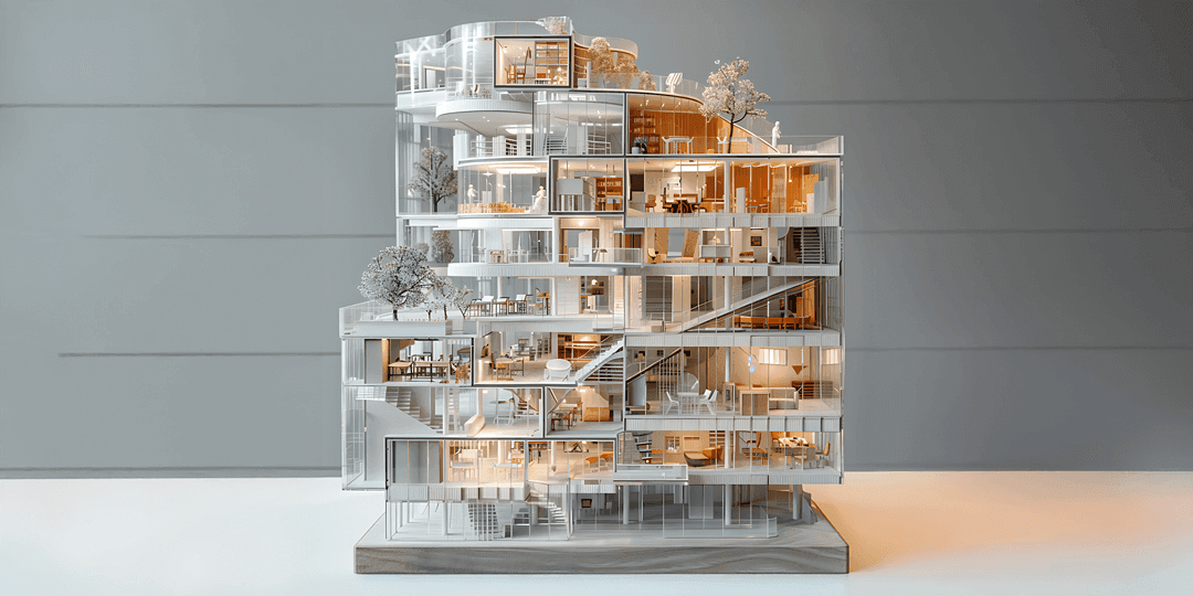 3D model of a multi-story multi-purpose building with a continuous glass front and a concrete and stainless-steel look