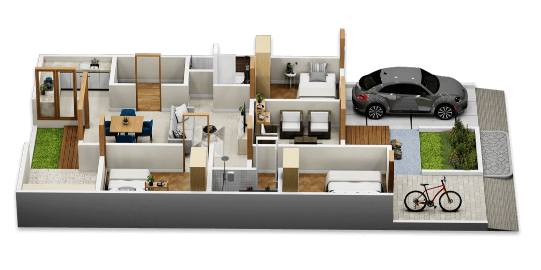Angled top-down view of the 3D model of a 3-room bungalow with carport, terrace, two shower rooms with WC, and a combined living and dining area