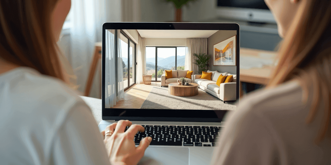 Zwei Frauen sitzen in einem Wohnzimmer nebeneinander und zwischen ihnen hindurch ist ein Laptop sichtbar, auf dem ein helles Wohnzimmer zu sehen ist, hinter dessen bodenlangen Fenstern sich ein Bergpanorama ausbreitet.