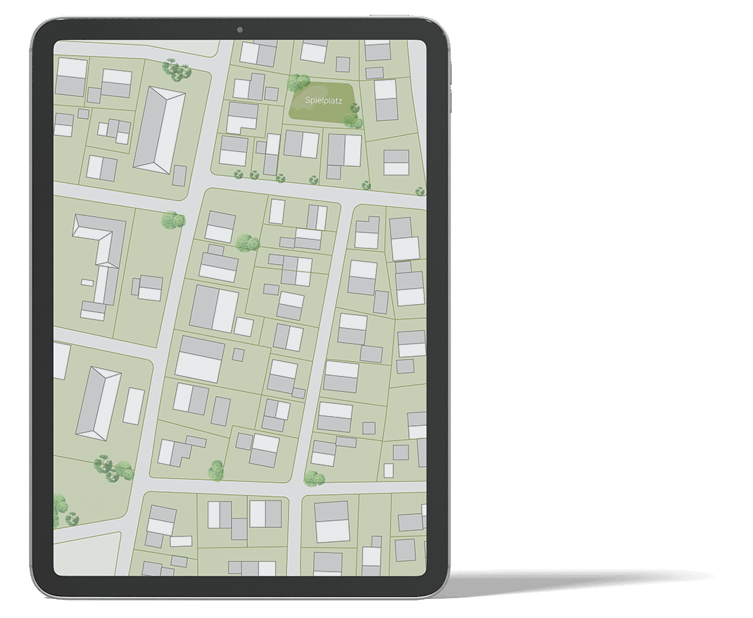 A tablet showing a schematic aerial view of an urban street block with buildings and trees