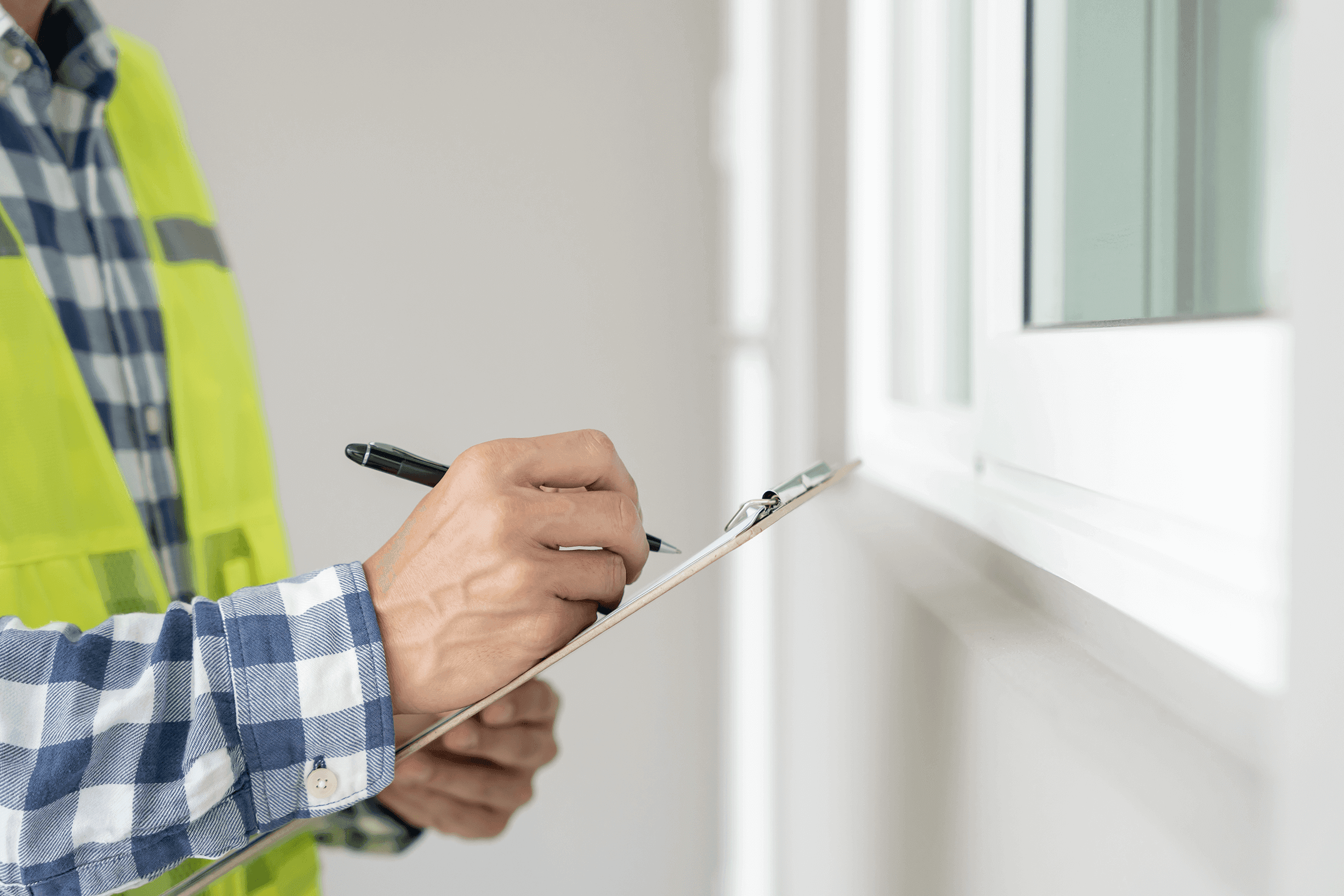 Close-up of a person in a yellow high-visibility vest standing outside in front of a window, holding a clipboard and pen and taking notes.