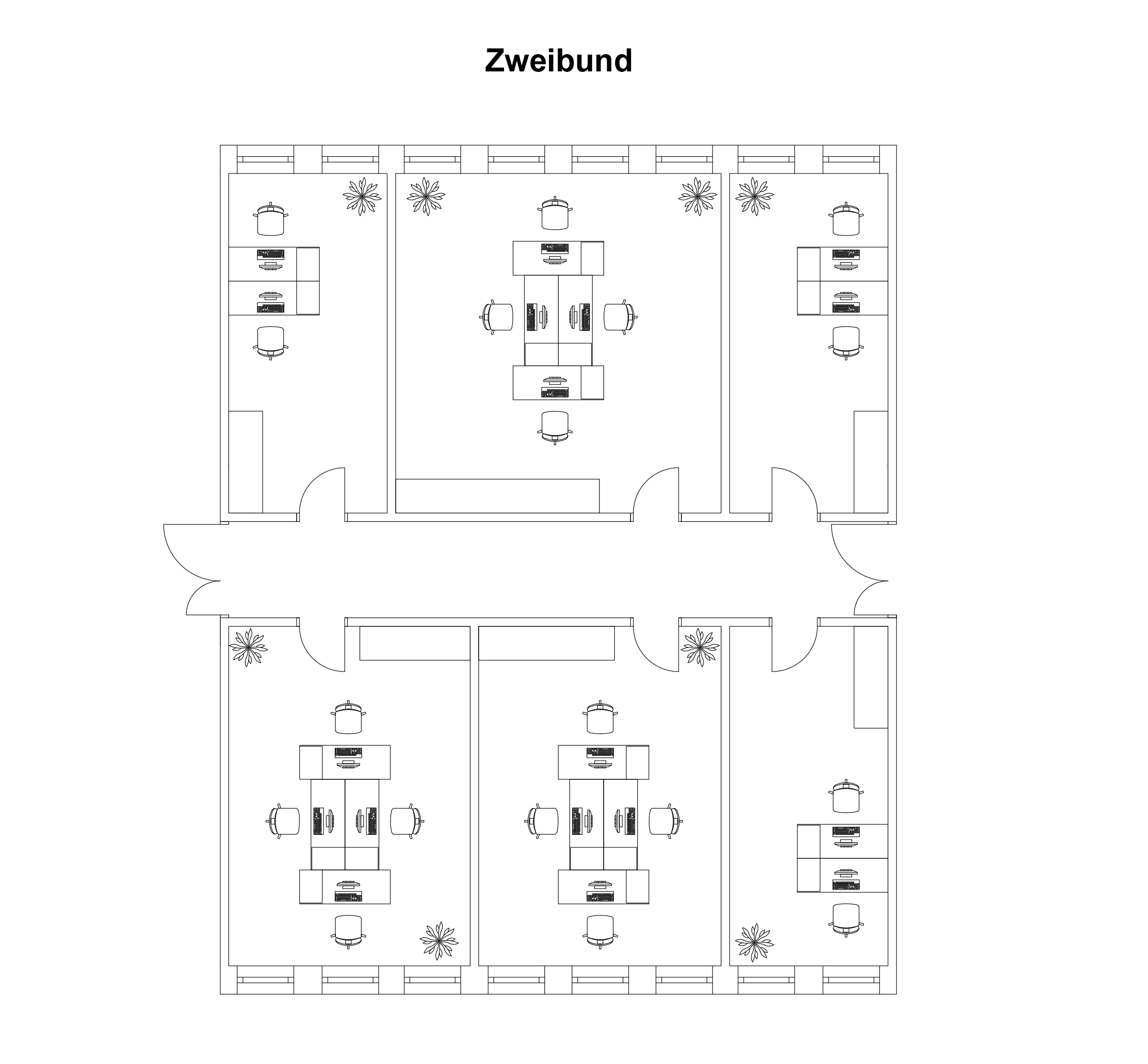 Detail view of a floor plan showing six offices with a corridor in the centre of the two office units and the label 'Two-bund'.